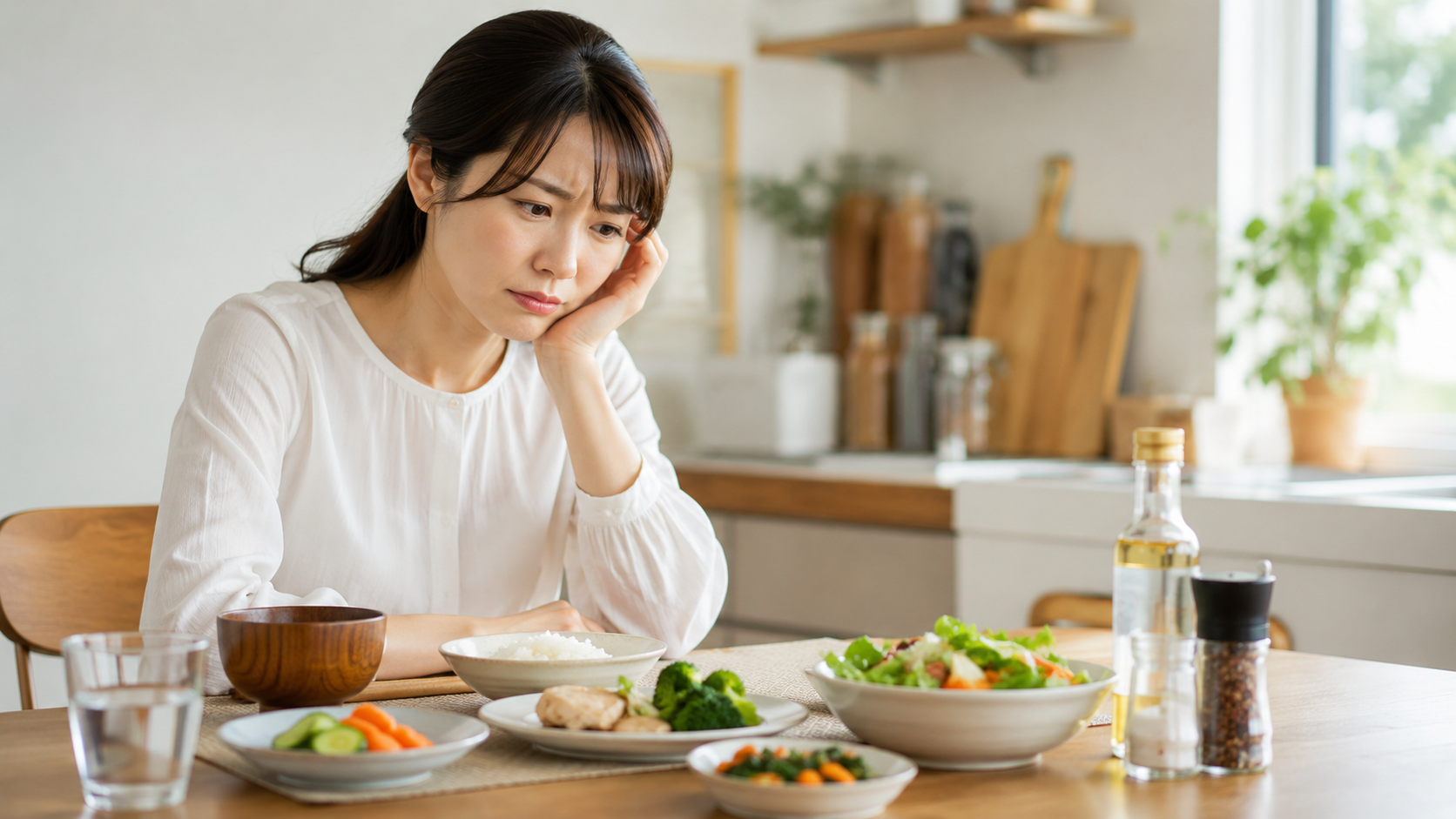 食卓で悩む様子のイメージ